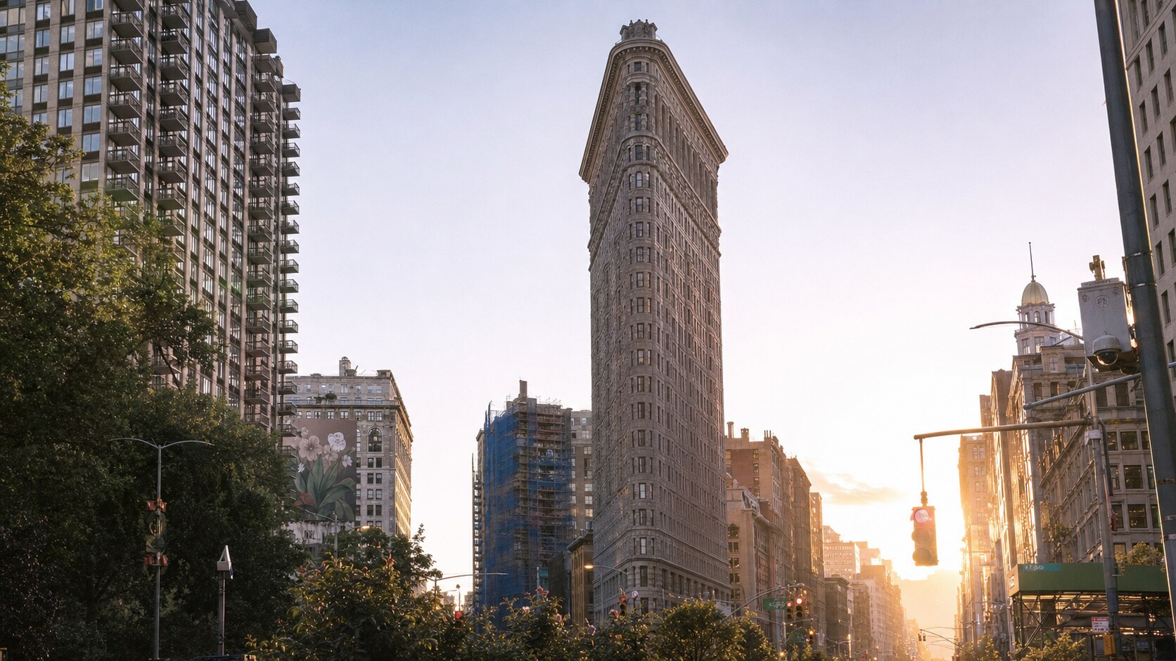 The Flatiron Building photographed at golden hour from the most popular hero-shot vantage point, with dramatic side-lighting on the structure