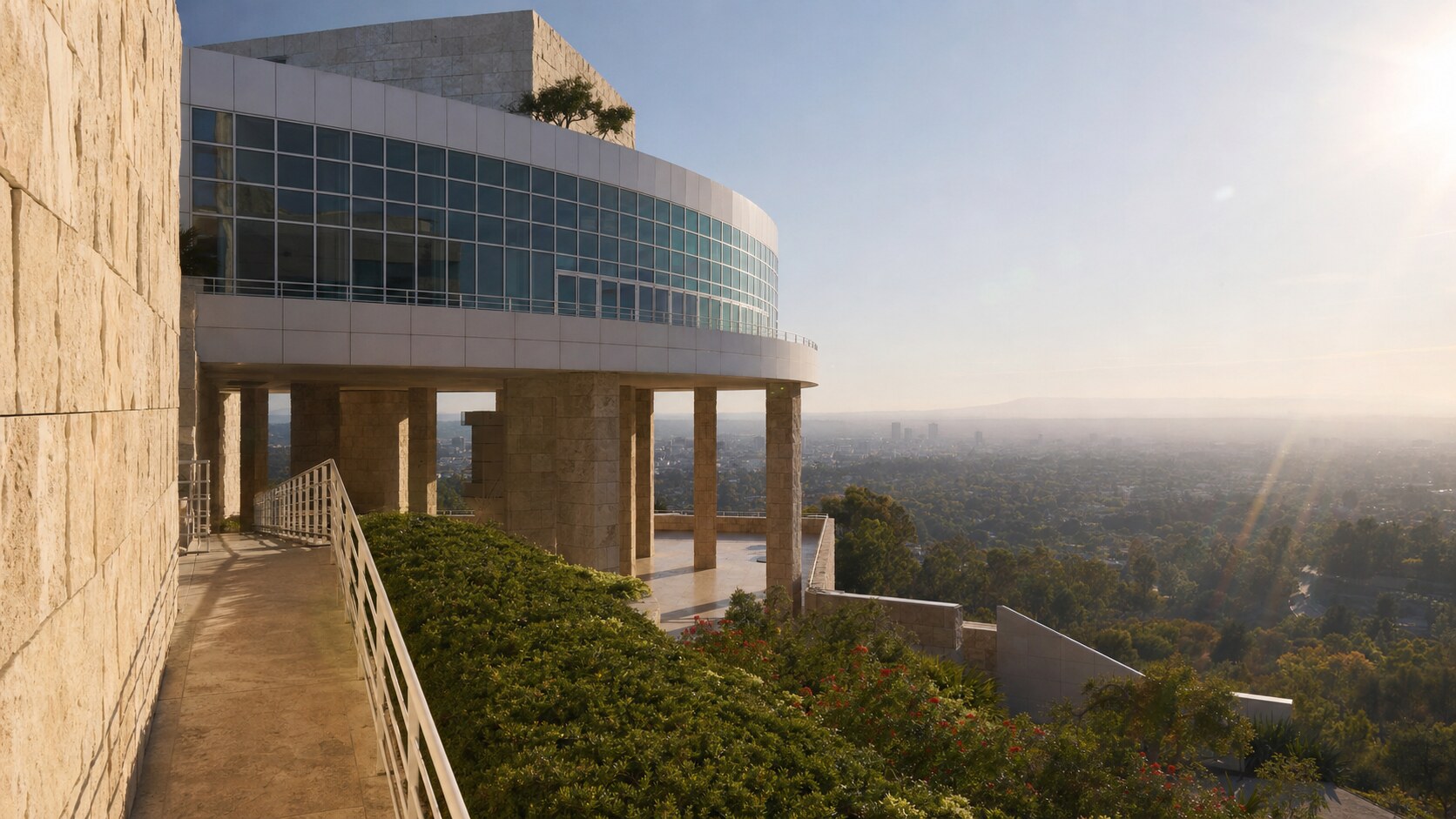Close-up architectural detail of The Getty at late afternoon, showing surface texture and material under directional sun