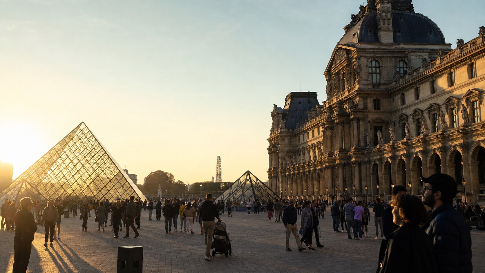 The Louvre photographed at golden hour from the most popular hero-shot vantage point, with dramatic side-lighting on the structure