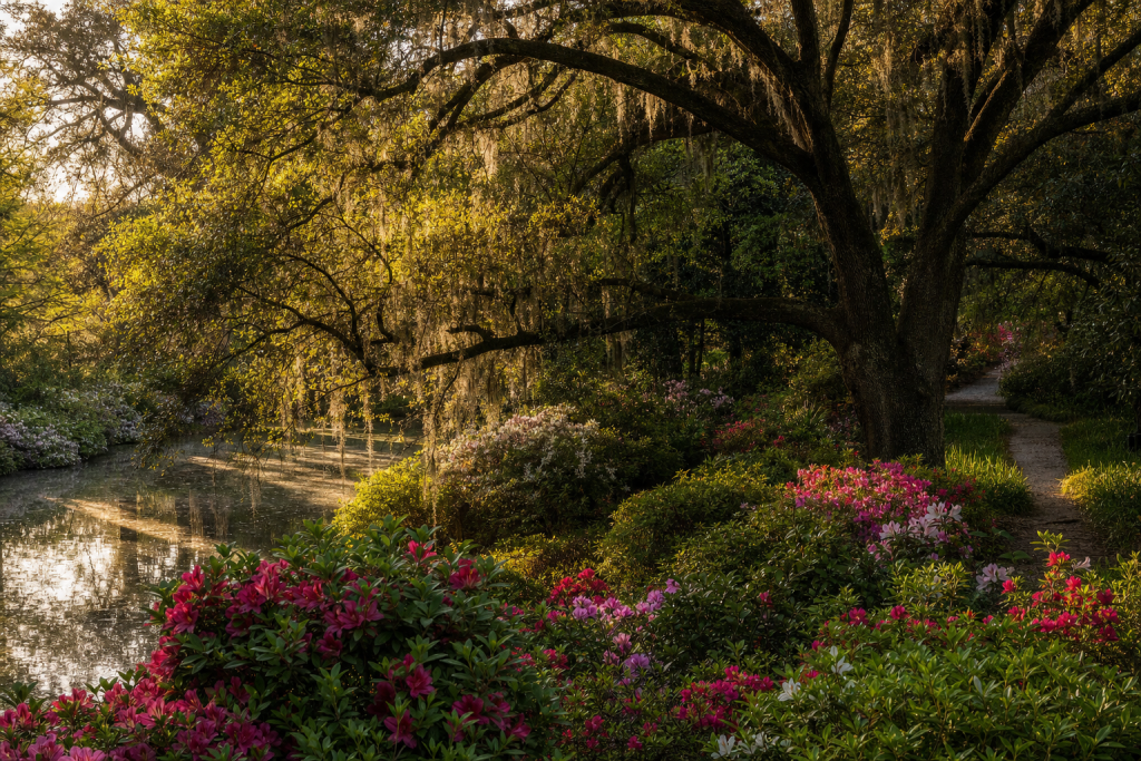Detail-rich photograph related to How to Photograph Magnolia Plantation & Gardens, late golden hour light, photorealistic