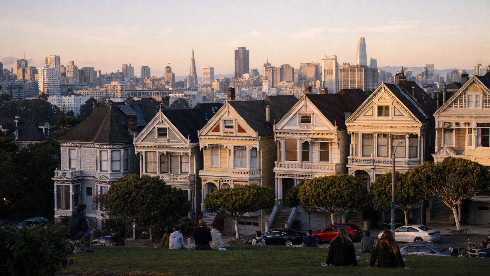 The Painted Ladies photographed at golden hour from the most popular hero-shot vantage point, with dramatic side-lighting on the structure