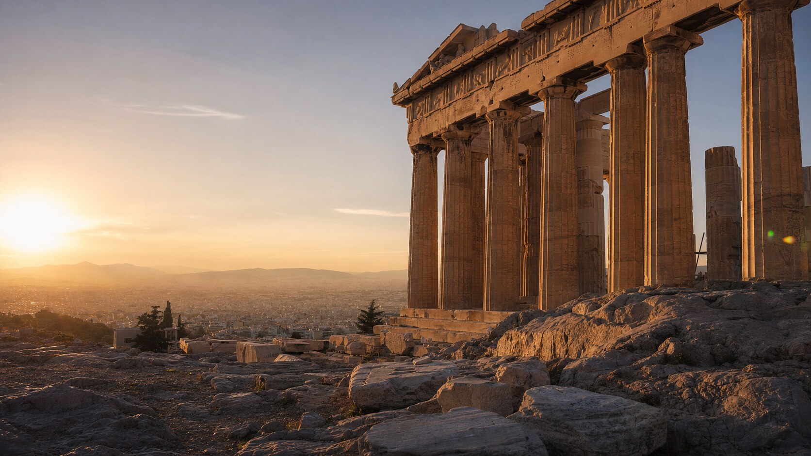 The Parthenon photographed at golden hour from the most popular hero-shot vantage point, with dramatic side-lighting on the structure