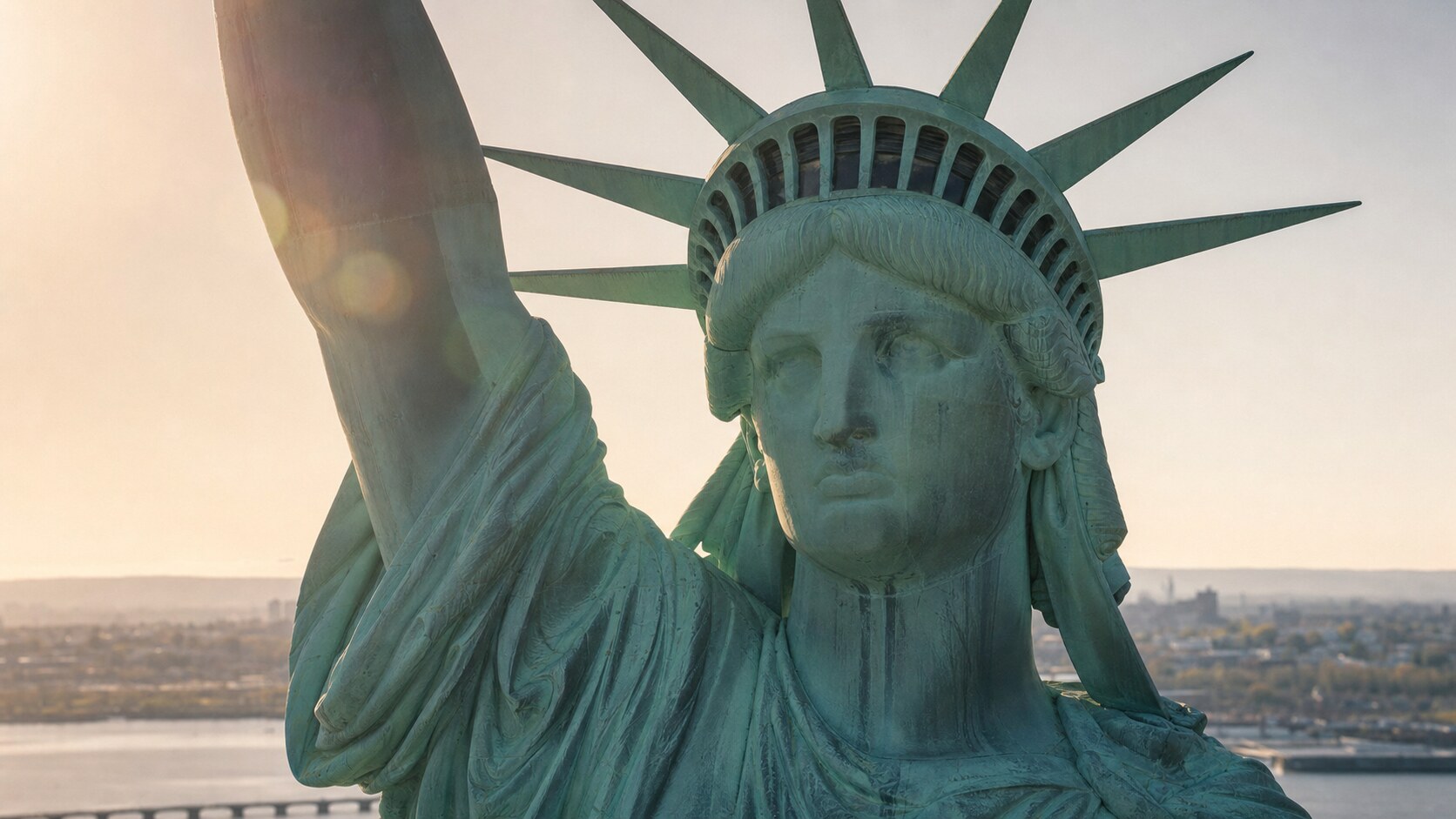 Close-up architectural detail of The Statue Of Liberty at late afternoon, showing surface texture and material under directional sun