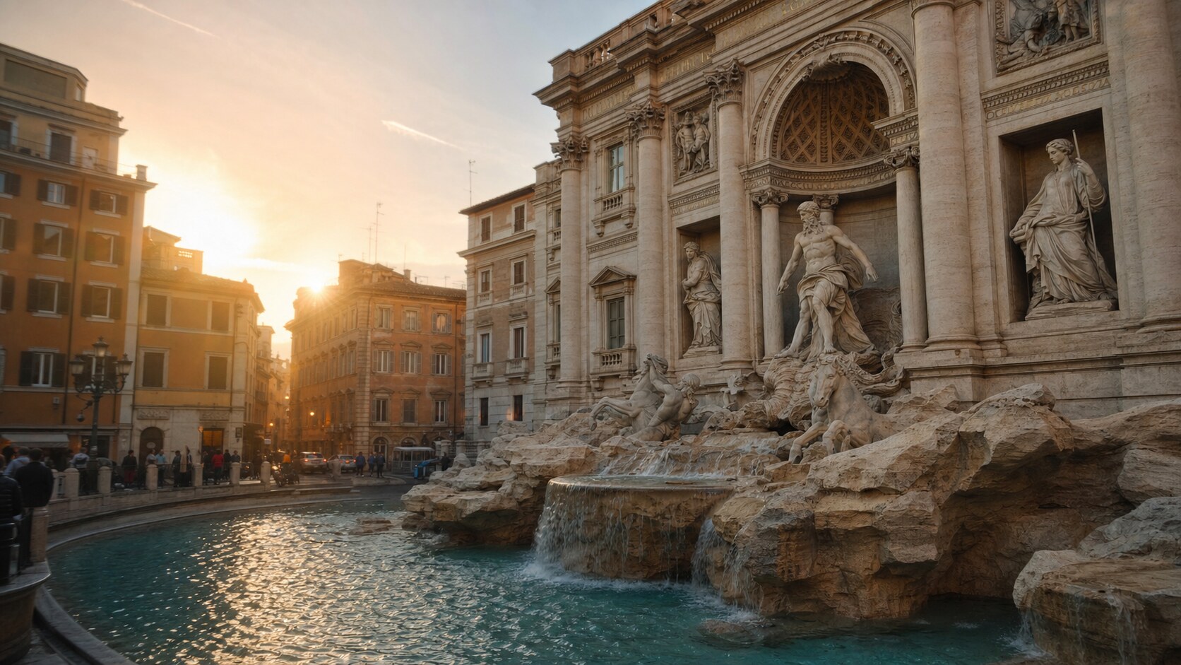The Trevi Fountain Rome photographed at golden hour from the most popular hero-shot vantage point, with dramatic side-lighting on the structure
