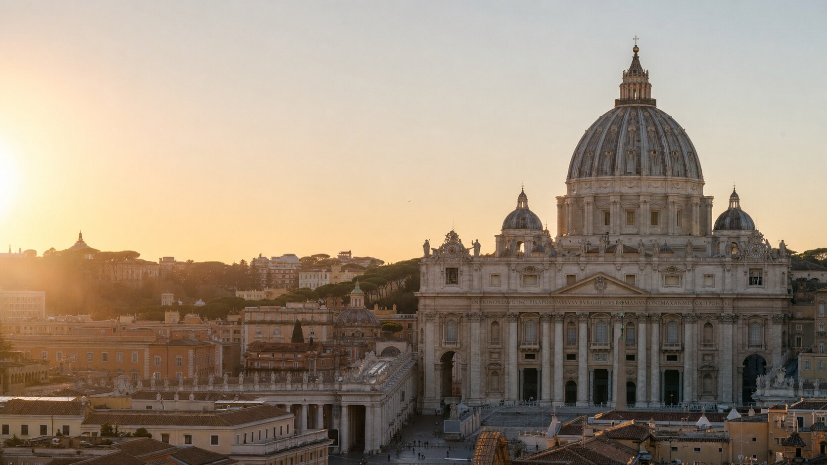The Vatican photographed at golden hour from the most popular hero-shot vantage point, with dramatic side-lighting on the structure