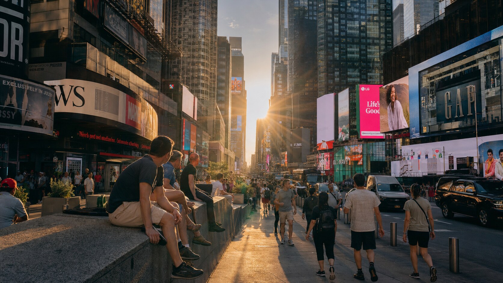 Times Square photographed at golden hour from the most popular hero-shot vantage point, with dramatic side-lighting on the structure