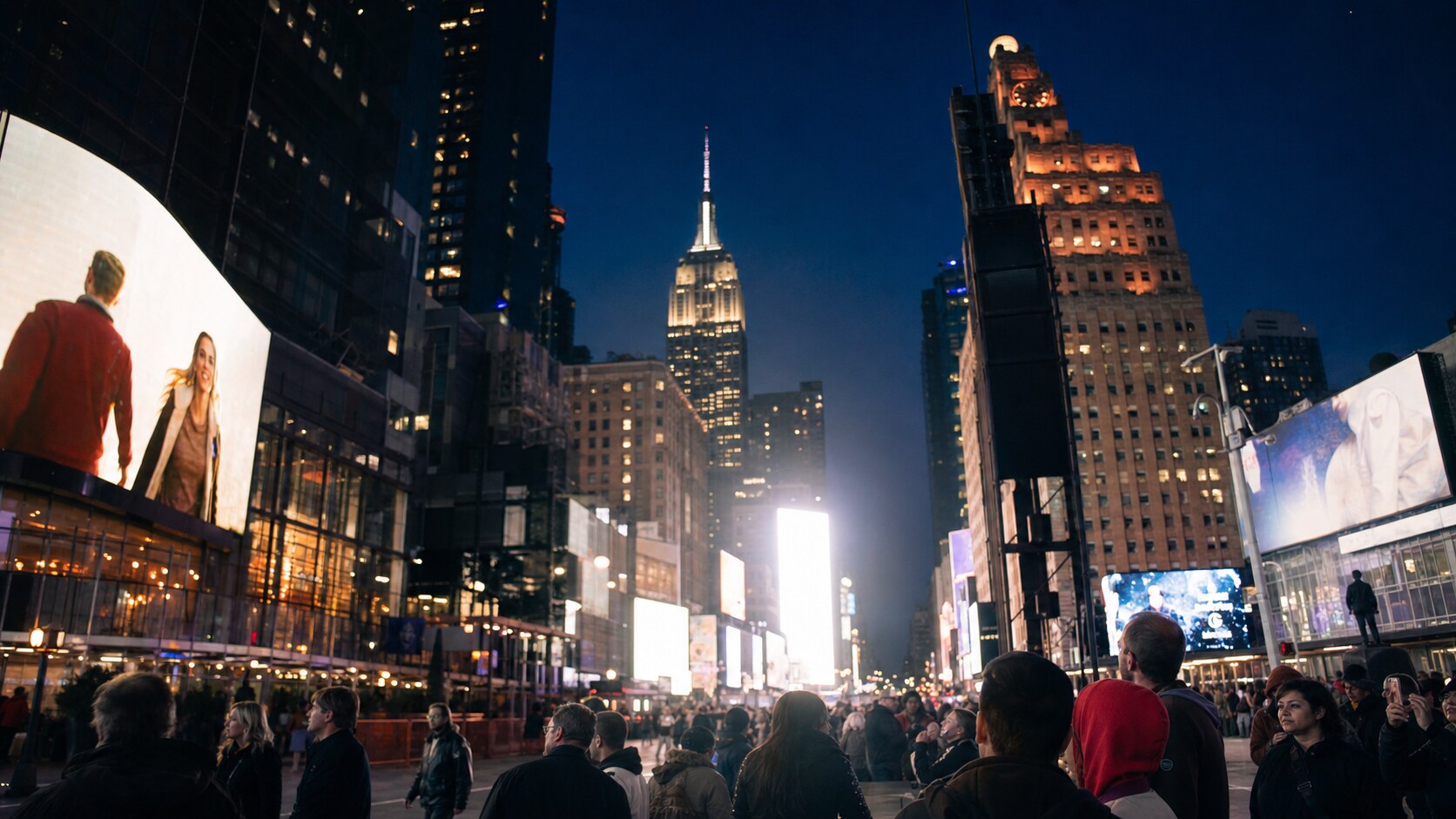 Wide blue-hour view of Times Square with cobalt sky and warm artificial lighting on the landmark