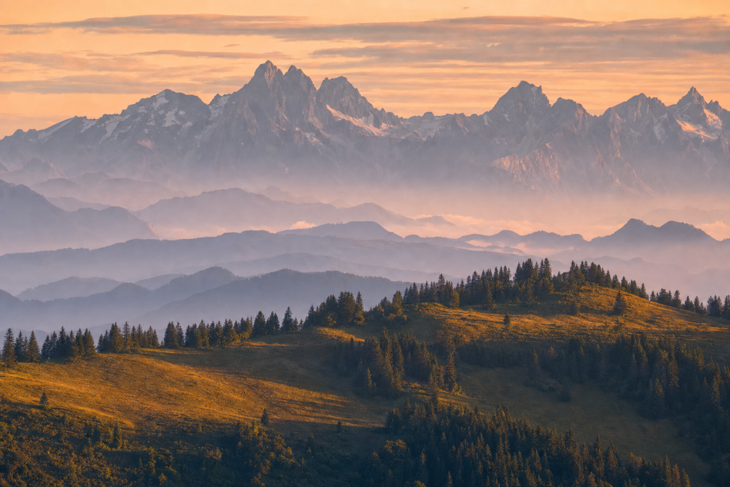 Misty mountain landscape at sunrise, layered atmospheric depth, soft pastel tones