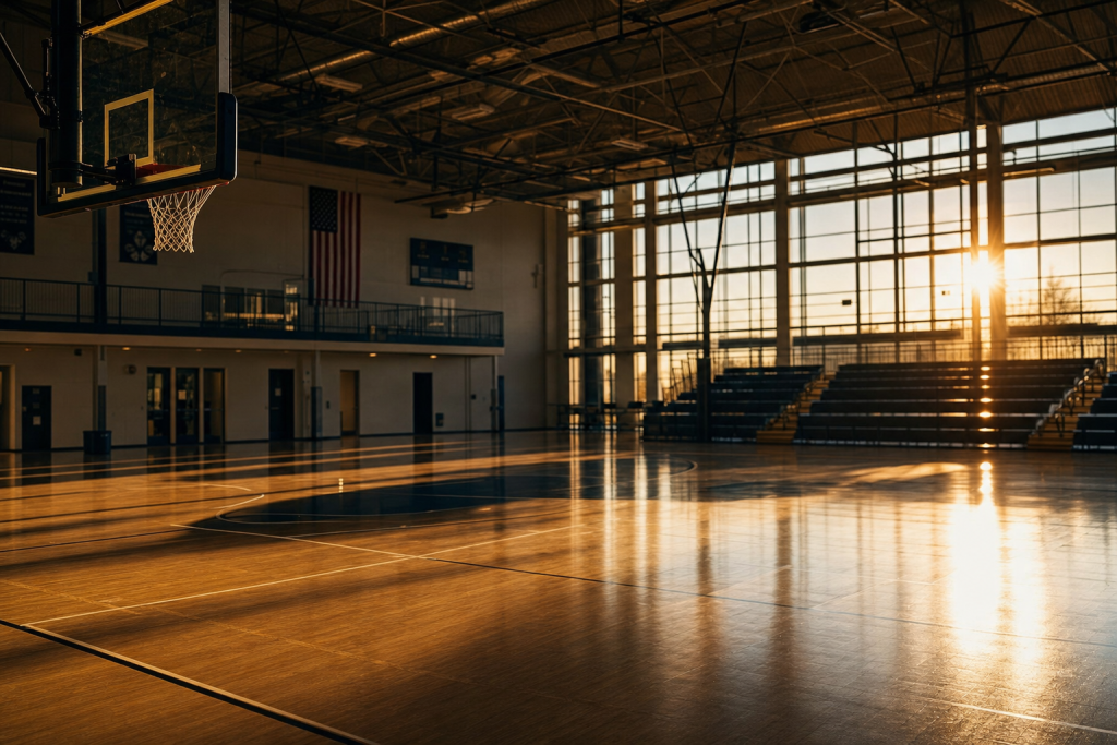 Detail-rich photograph related to Best Camera Settings for Indoor Sports, late golden hour light, photorealistic, no text