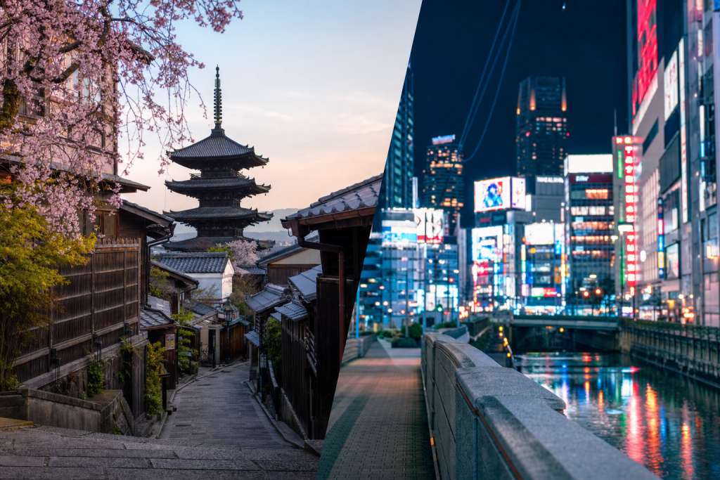 Atmospheric scene related to Kyoto vs Tokyo, soft directional light