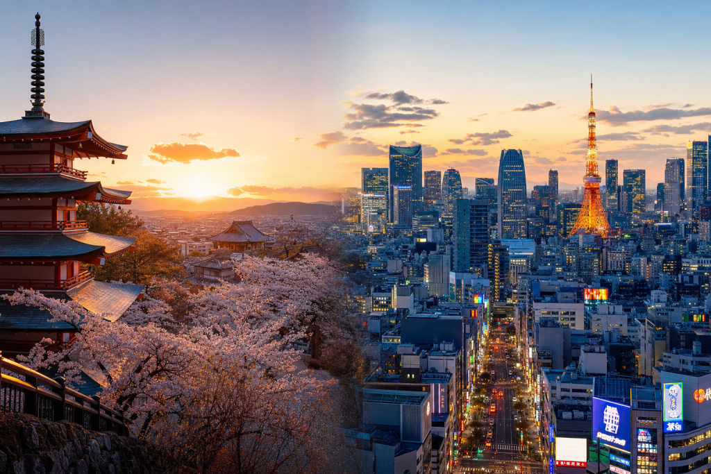 Detail-rich photograph related to Kyoto vs Tokyo, late golden hour light, photorealistic, no text