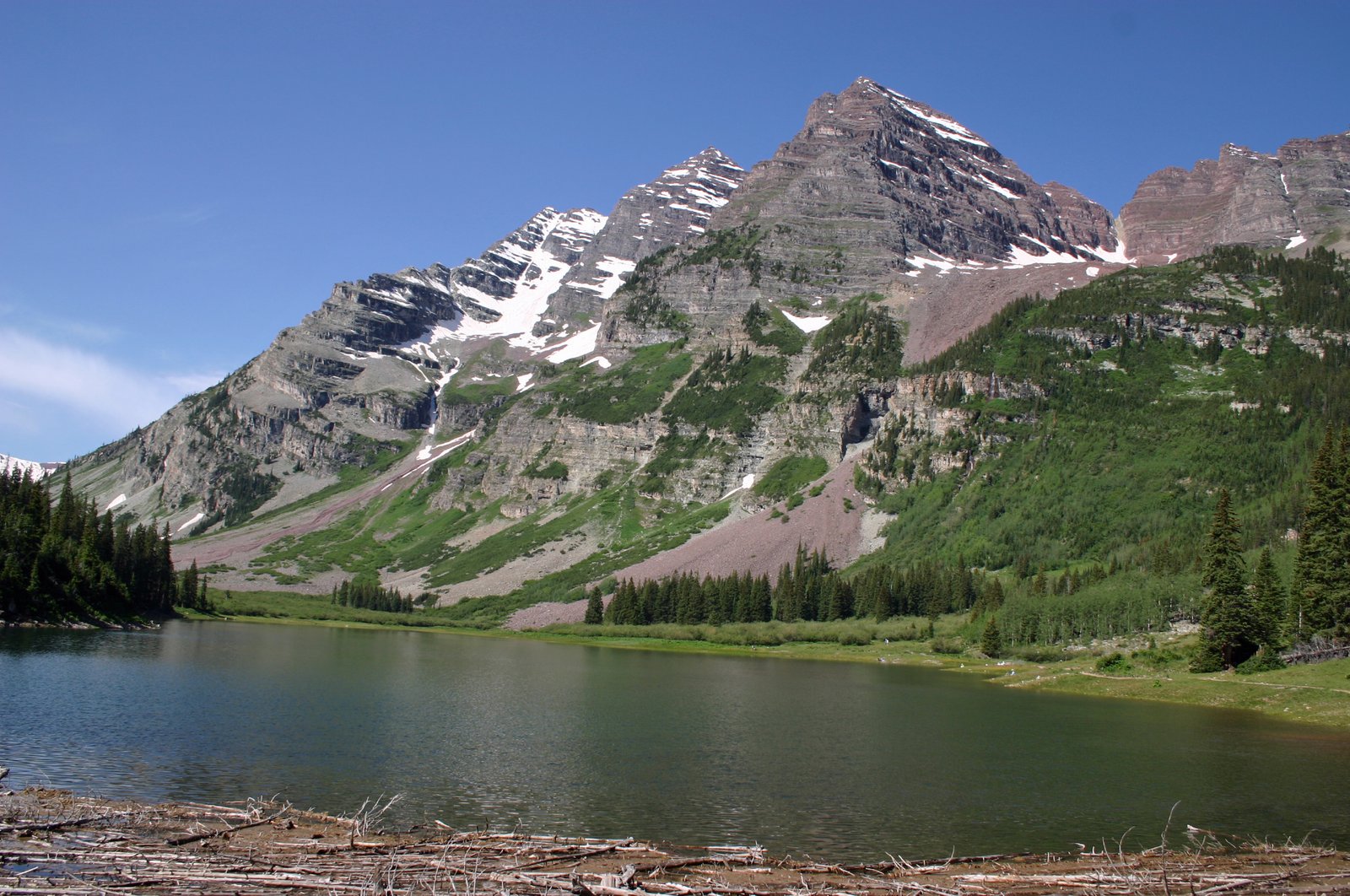 Maroon Bells peaks in the Elk Mountains above Maroon Lake, Aspen Colorado in summer