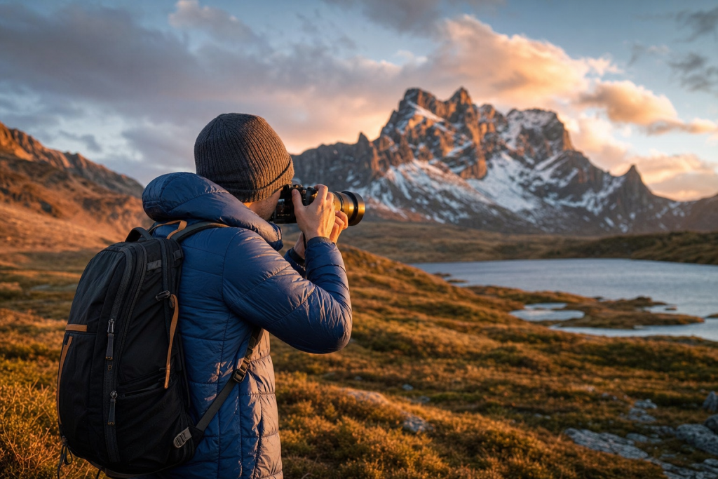 Photographer in action holding a camera at golden hour, environmental context, natural light