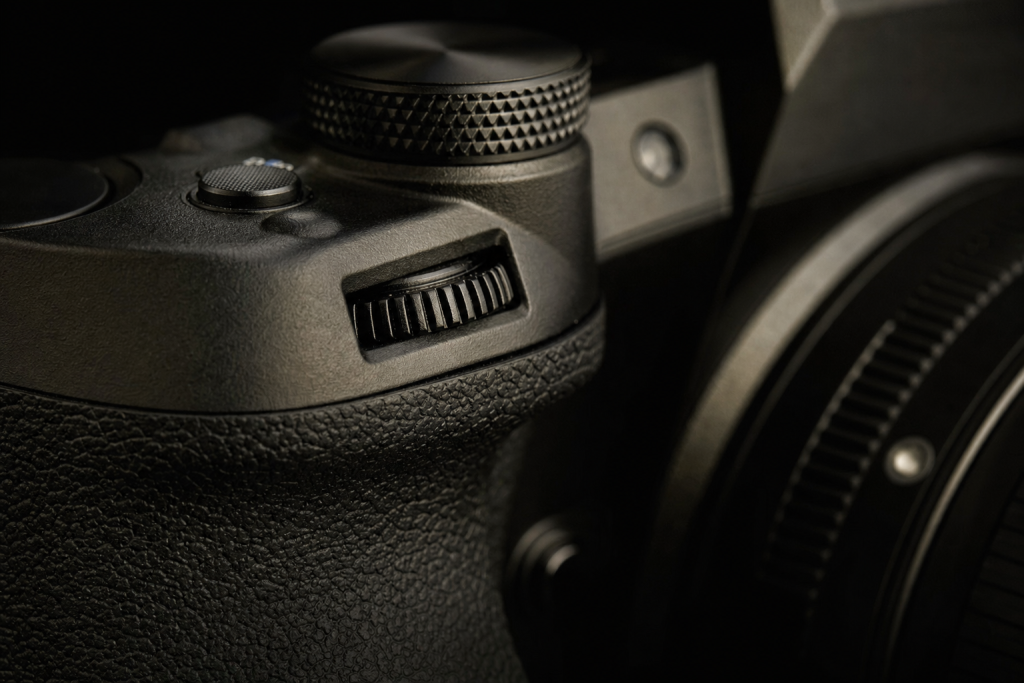 Detail shot of camera controls and grip, dramatic side lighting, macro feel, no text