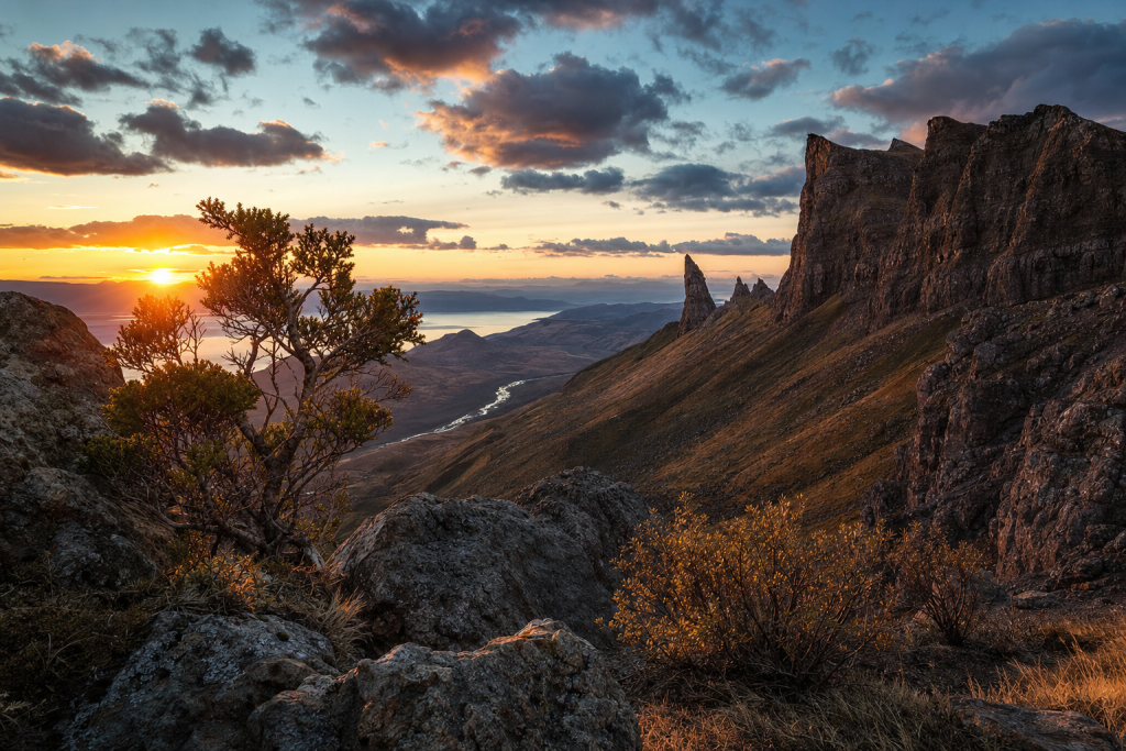 Dramatic landscape at golden hour with leading lines, foreground interest, warm directional light, photorealistic