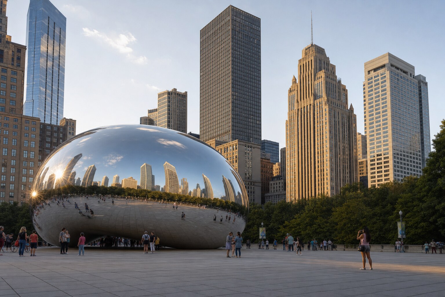 Cloud Gate at Millennium Park reflecting Chicago Loop skyline in golden hour