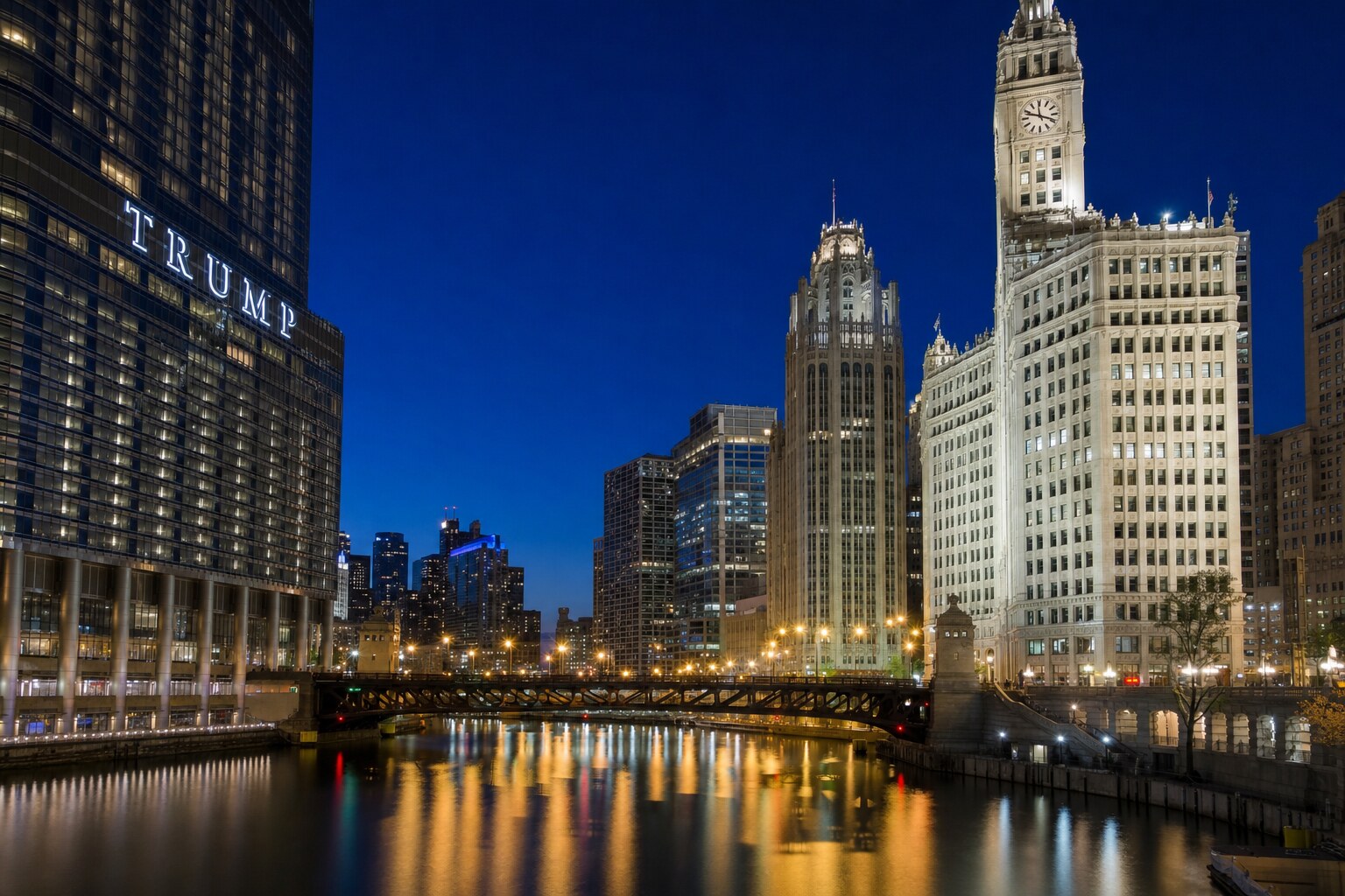 Chicago River blue hour view of Wrigley Building Tribune Tower and Trump Tower