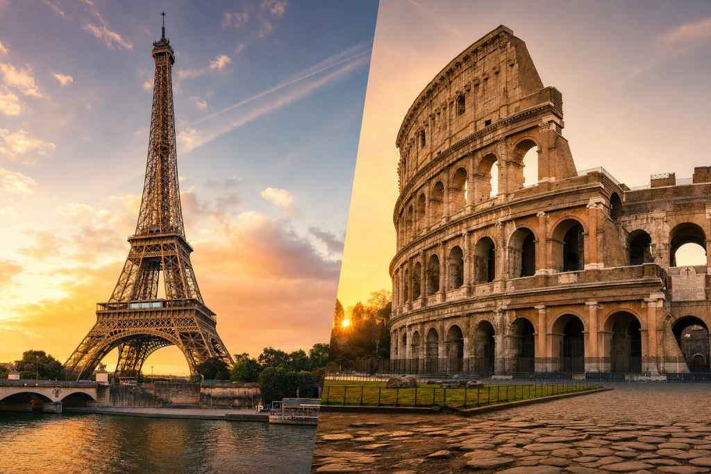 Detail-rich photograph related to Paris vs Rome, late golden hour light, photorealistic, no text