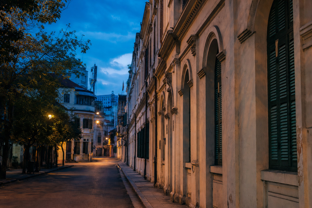 Street view in Pt Best Photography Spots in Hanoi, leading lines, architectural detail, blue hour with mixed