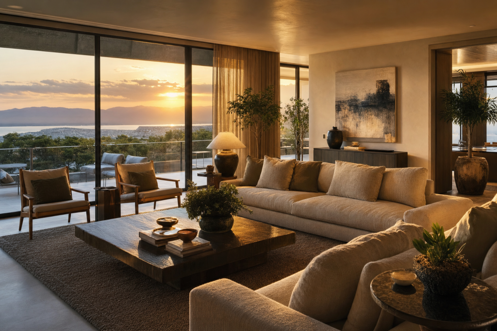 Detail-rich photograph related to Best Camera Settings for Real Estate Interiors, late golden hour light, photorealistic, no