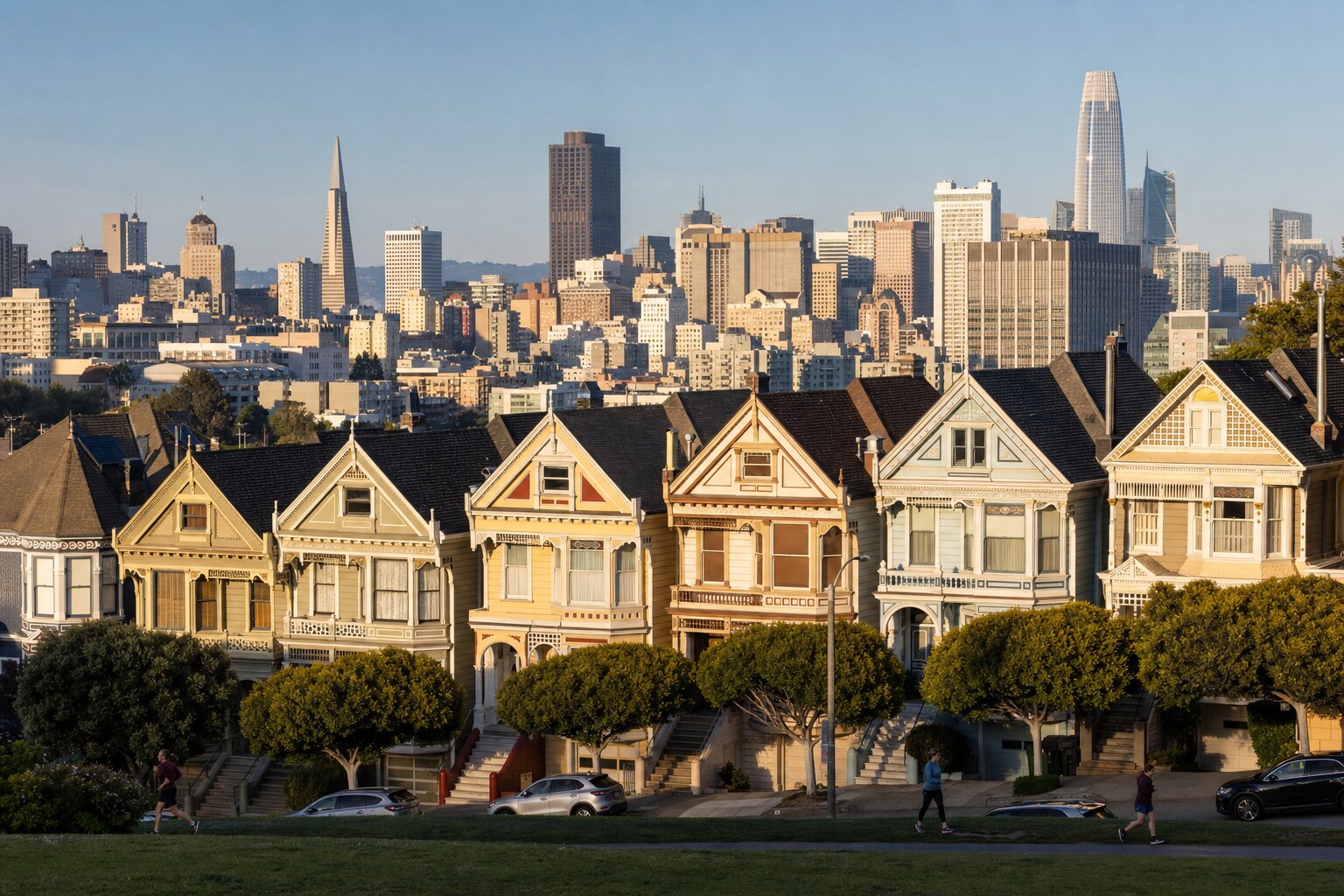 Painted Ladies on Steiner Street with Salesforce Tower behind in golden hour