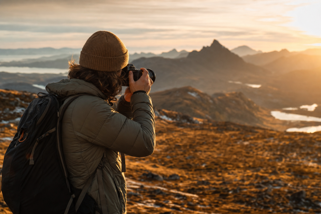 Photographer in action holding a camera at golden hour, environmental context, natural light