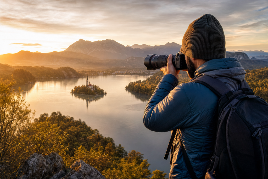 Photographer in action holding a camera at golden hour, environmental context, natural light