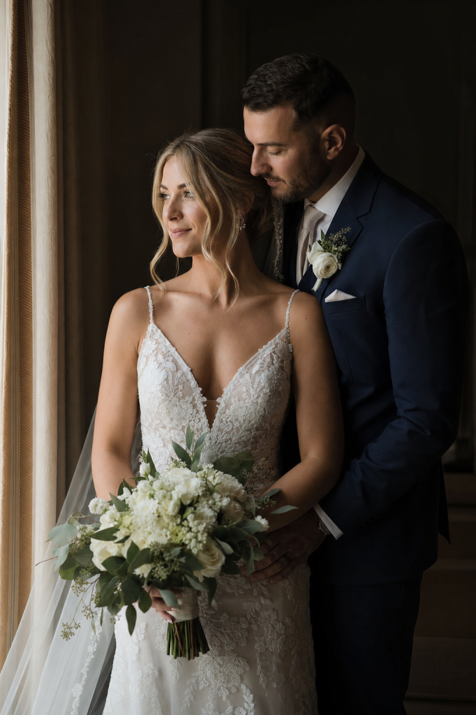 Soft window light, bride and groom in elegant attire, romantic mood