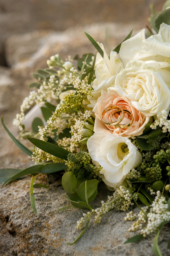 Detail wedding shot: rings and bouquet on textured surface, soft natural light, macro feel, magazine-style composition