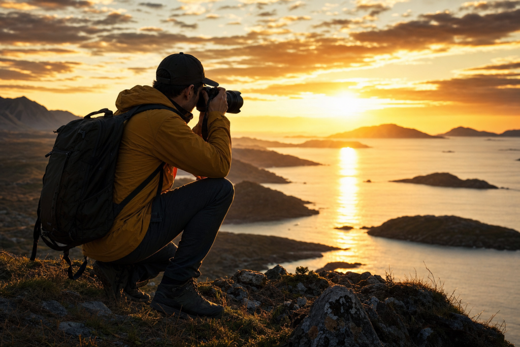 Photographer in action holding a camera at golden hour, environmental context, natural light