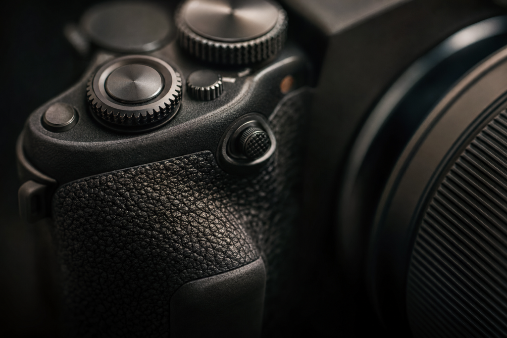 Detail shot of camera controls and grip, dramatic side lighting, macro feel, no text