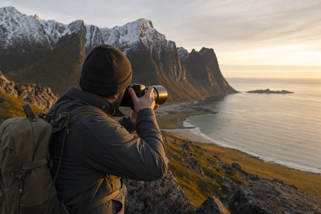 Photographer in action holding a camera at golden hour, environmental context, natural light
