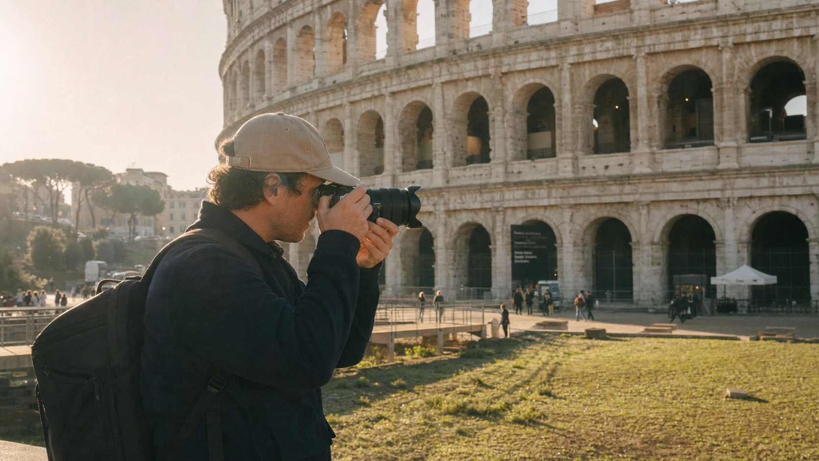 Lifestyle photograph of a photographer working with subject related to The Colosseum Rome
