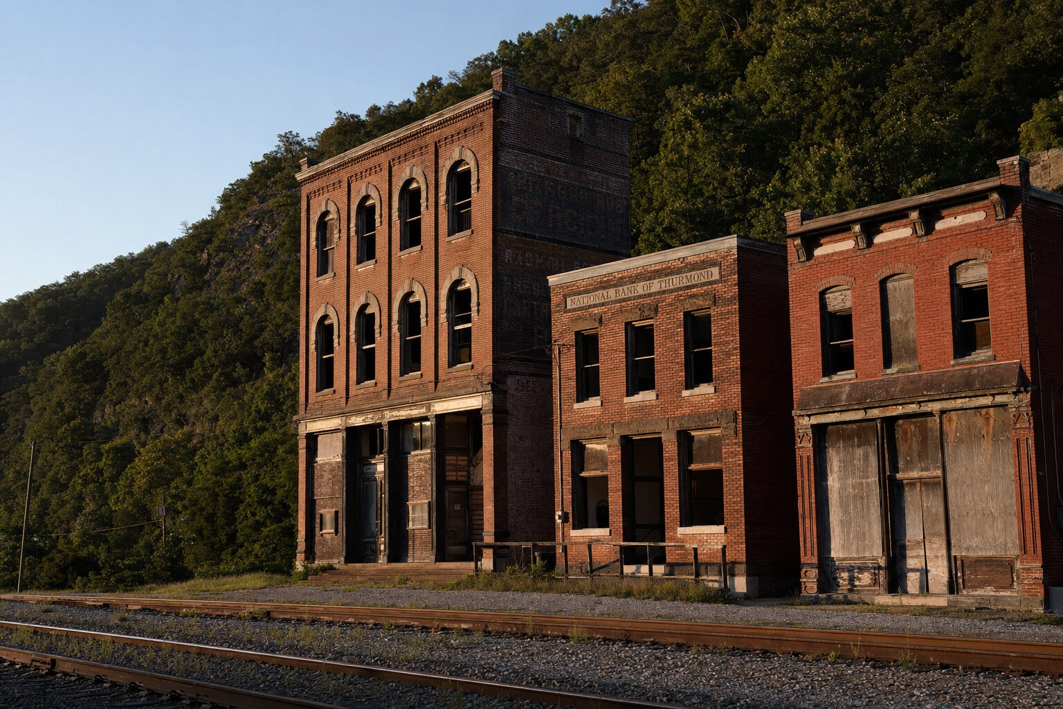 Mankin-Cox Building and National Bank of Thurmond beside empty rail tracks