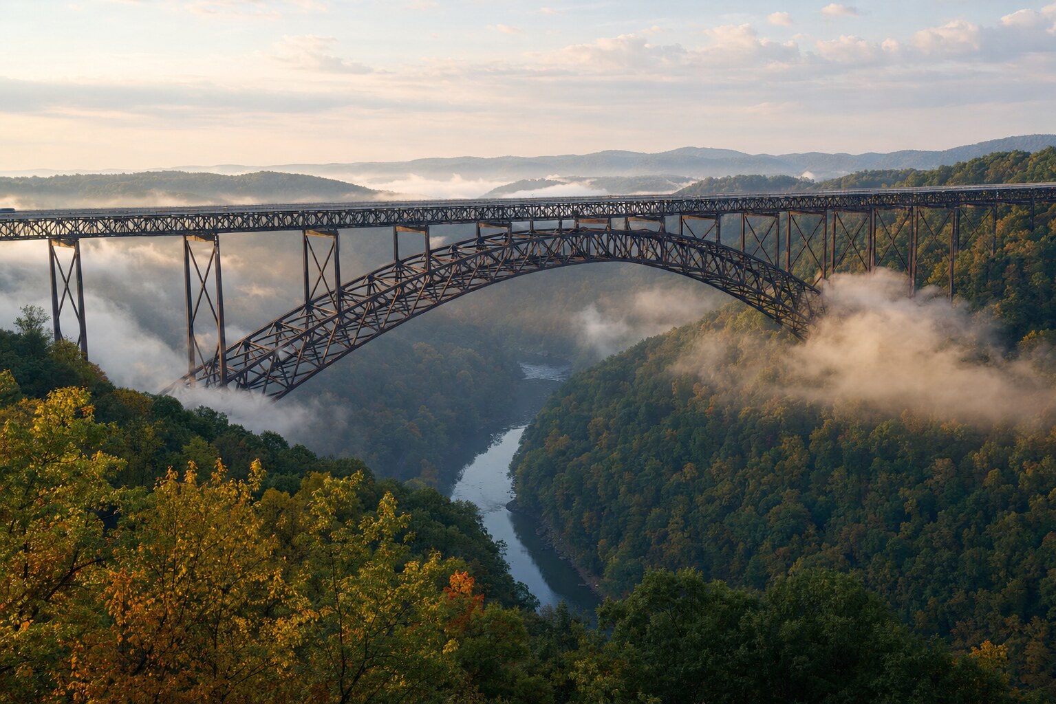 New River Gorge Bridge steel arch above morning fog and early autumn forest