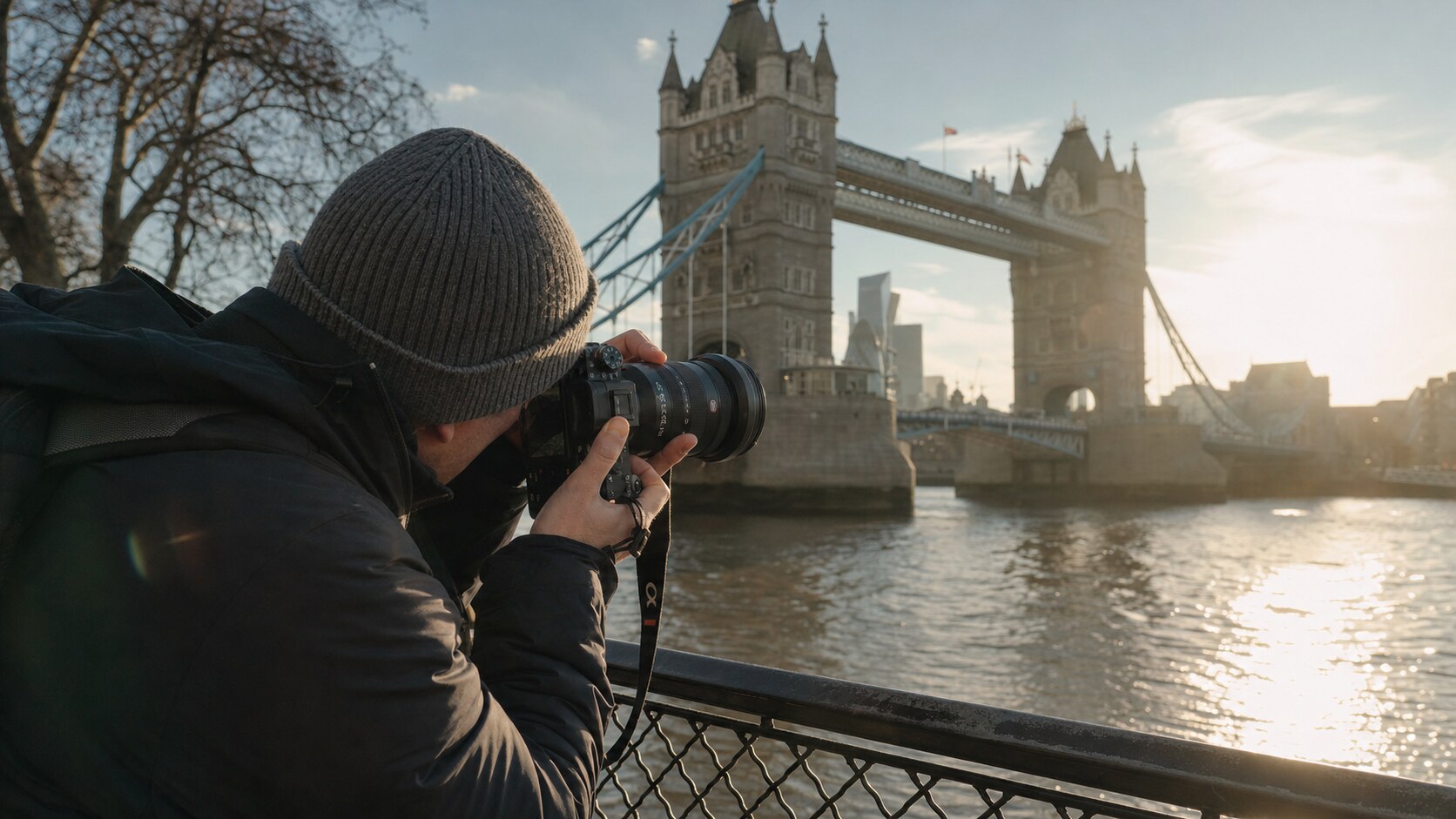 Lifestyle photograph of a photographer working with subject related to Tower Bridge London