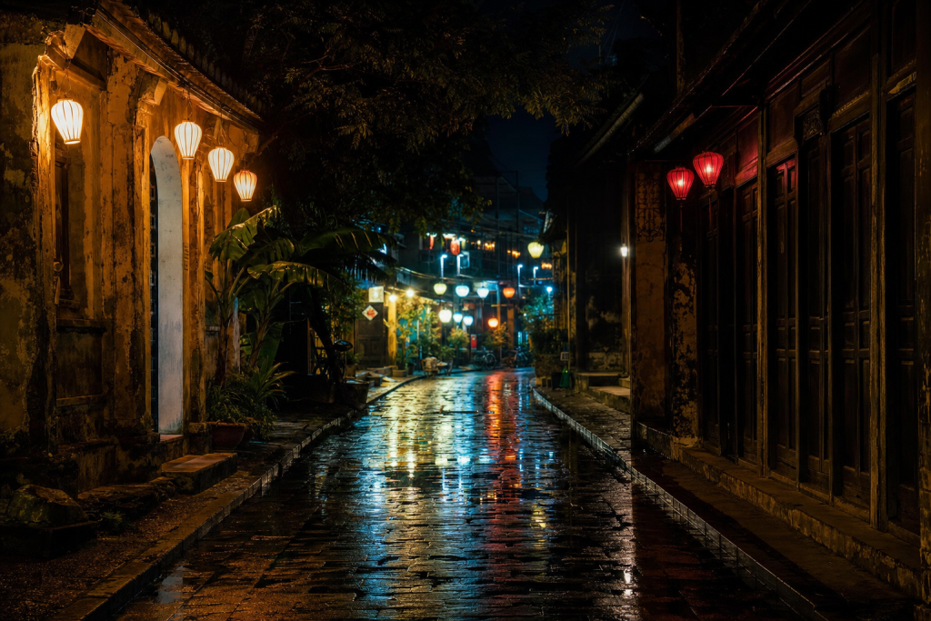 Night street scene with neon reflections on wet pavement, atmospheric mood
