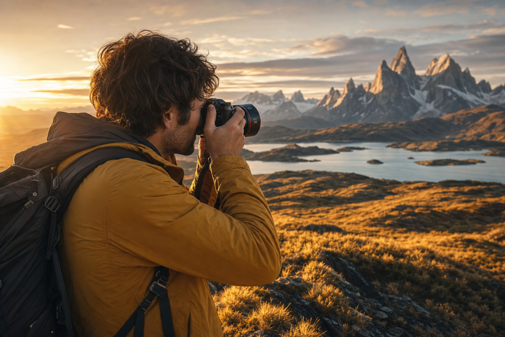 Photographer in action holding a camera at golden hour, environmental context, natural light