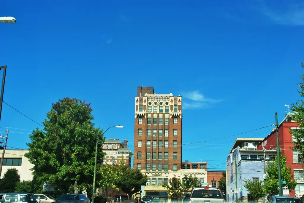 Art deco architecture in the Downtown Asheville Historic District demonstrating a travel photography composition.