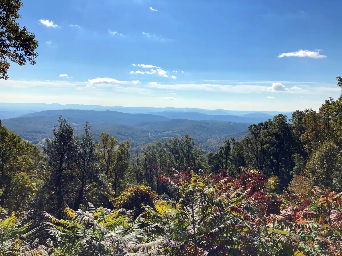 Overlook view of Stoney Fork along Blue Ridge Parkway in North Carolina demonstrating a travel photography composition.