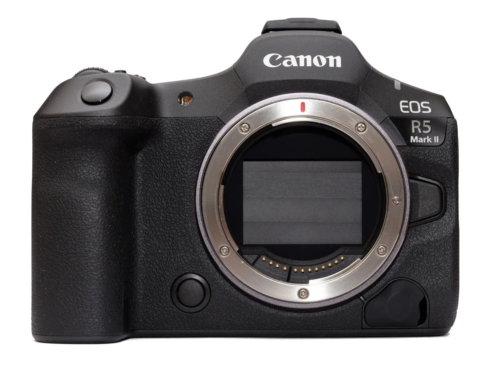 Canon EOS R5 Mark II body front view demonstrating flagship mirrorless gear for a camera buyer-guide tutorial.