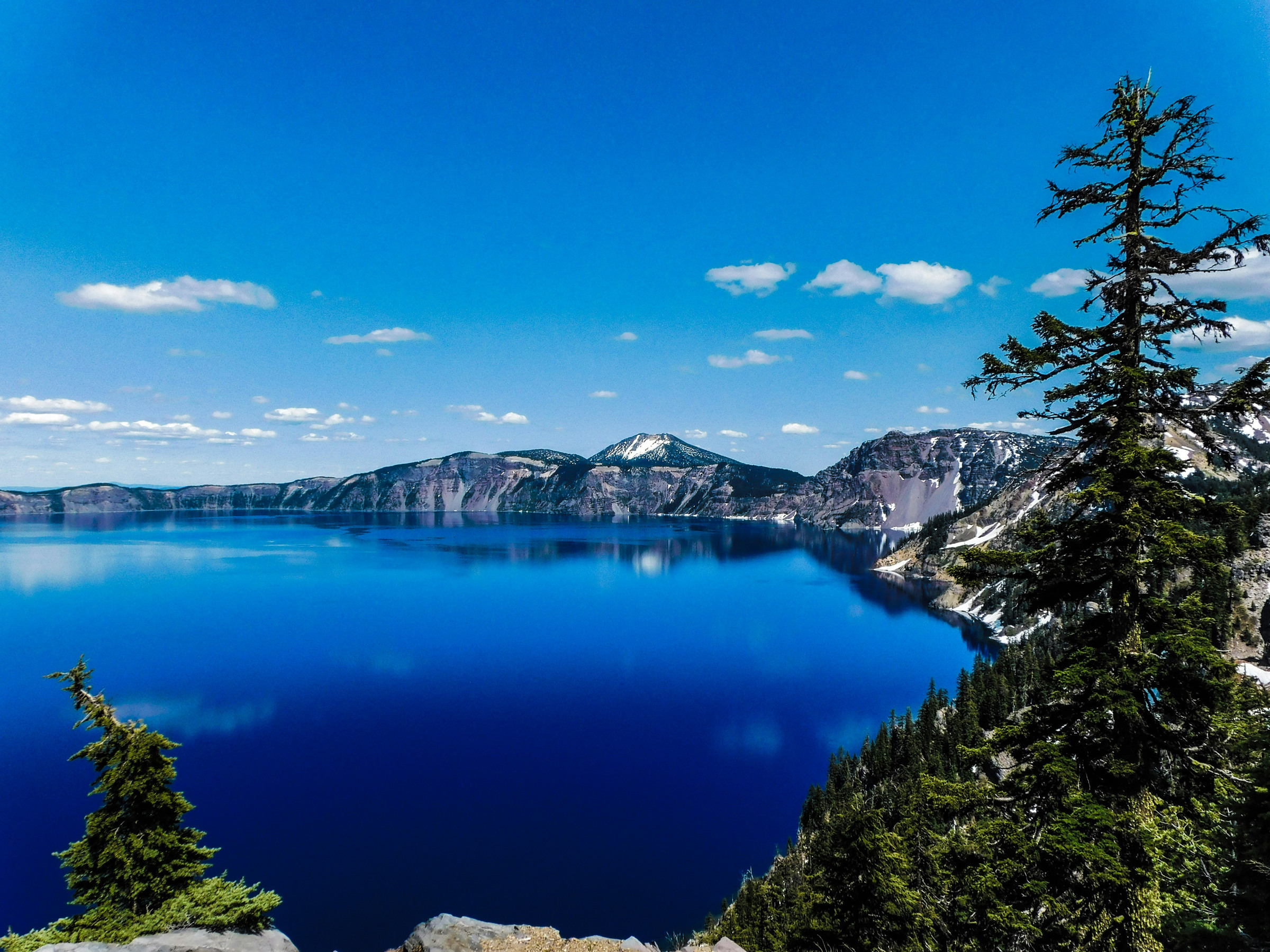 Blue Crater Lake water and reflections with a tree at the right edge
