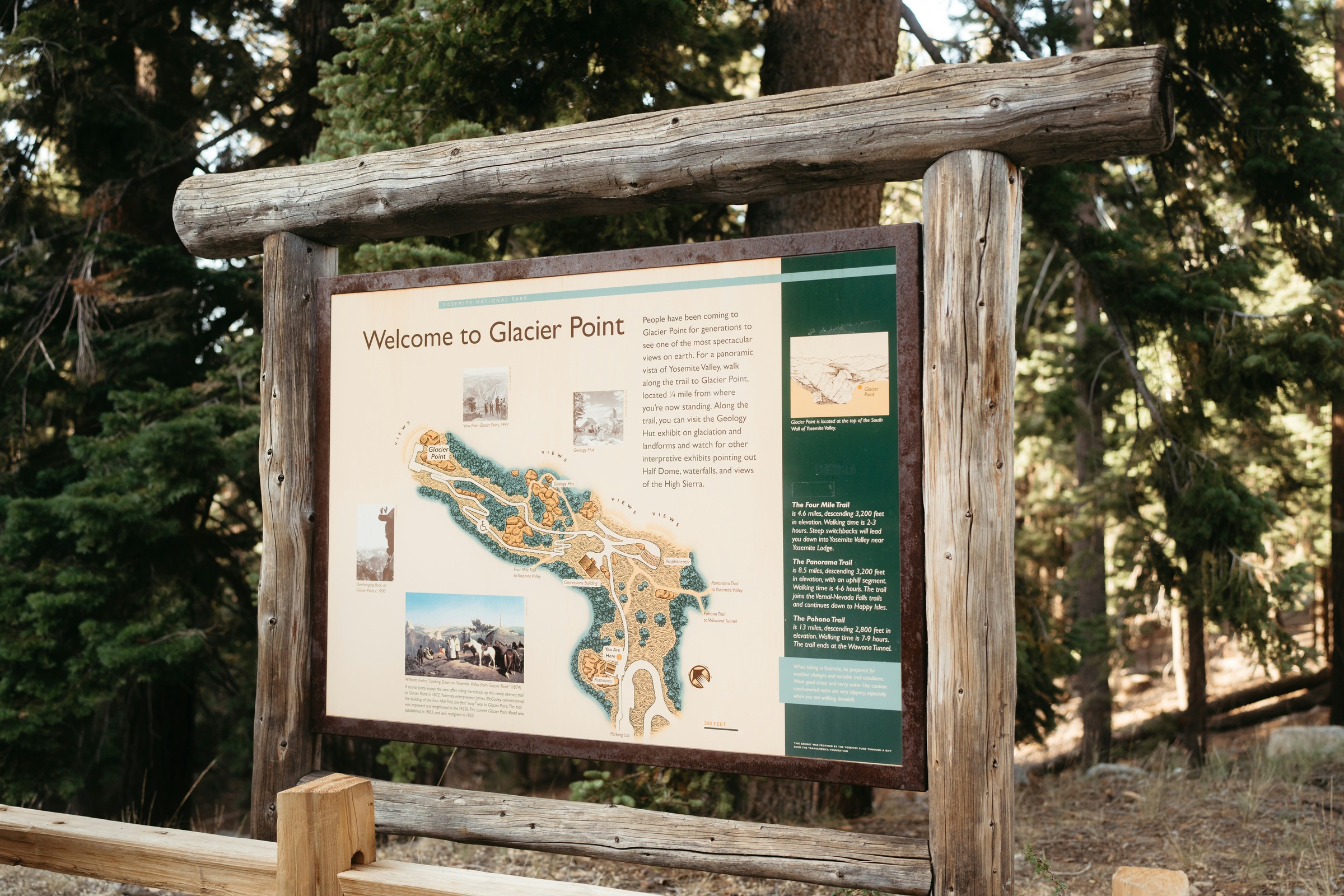 Welcome to Glacier Point interpretive sign among trees