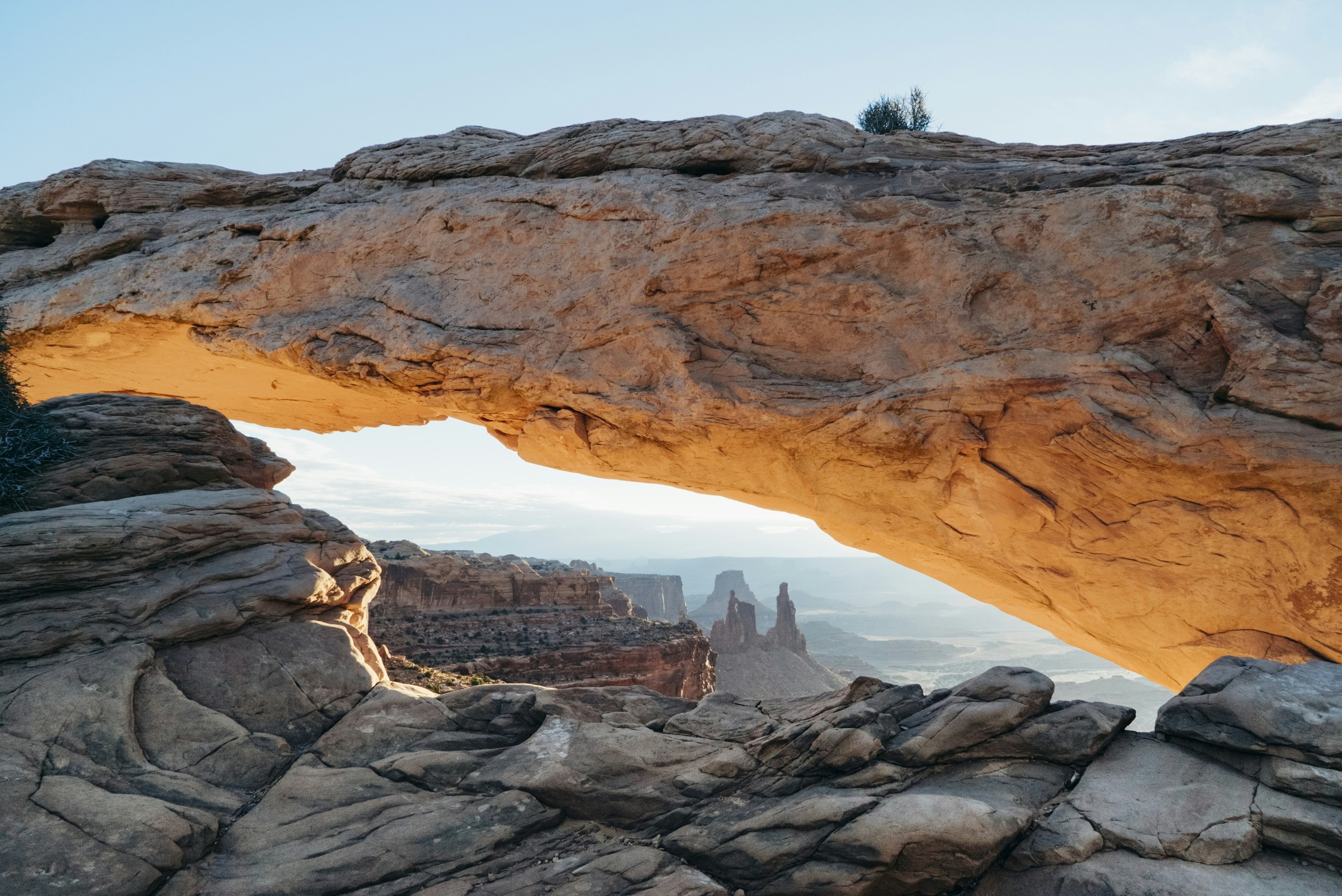 Warm underside of Mesa Arch with textured rock in the foreground