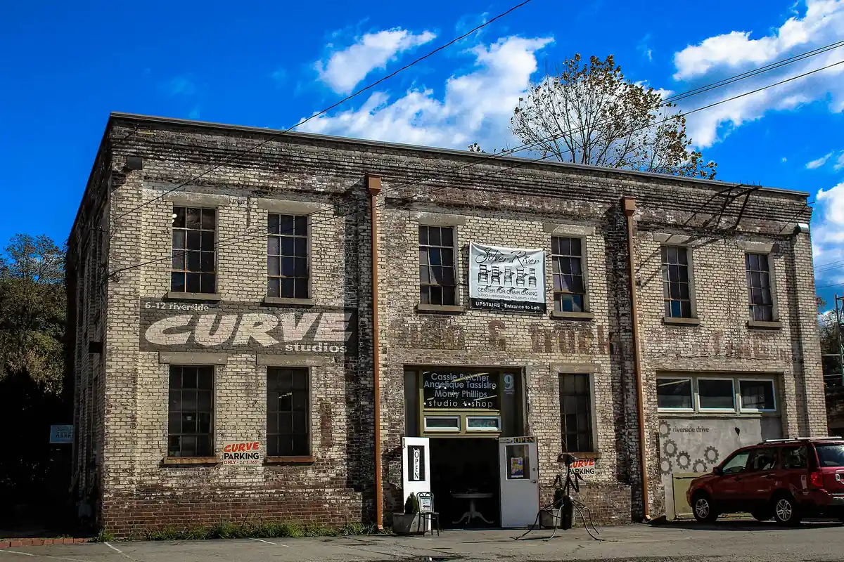 Industrial murals in the River Arts District of Asheville, North Carolina demonstrating a travel photography composition.