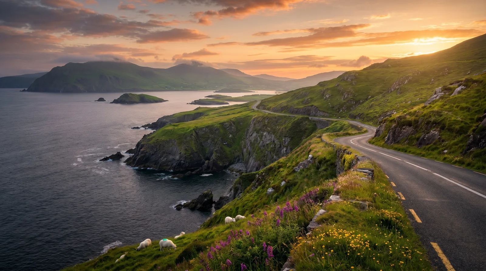 Golden hour landscape of the Ring of Kerry coast in County Kerry, Ireland demonstrating a travel photography composition.