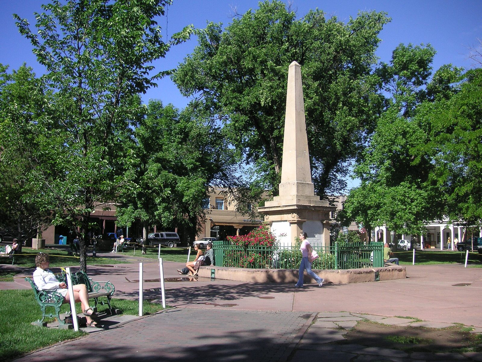 Adobe architecture of Santa Fe Plaza in Santa Fe, New Mexico demonstrating a travel photography composition.