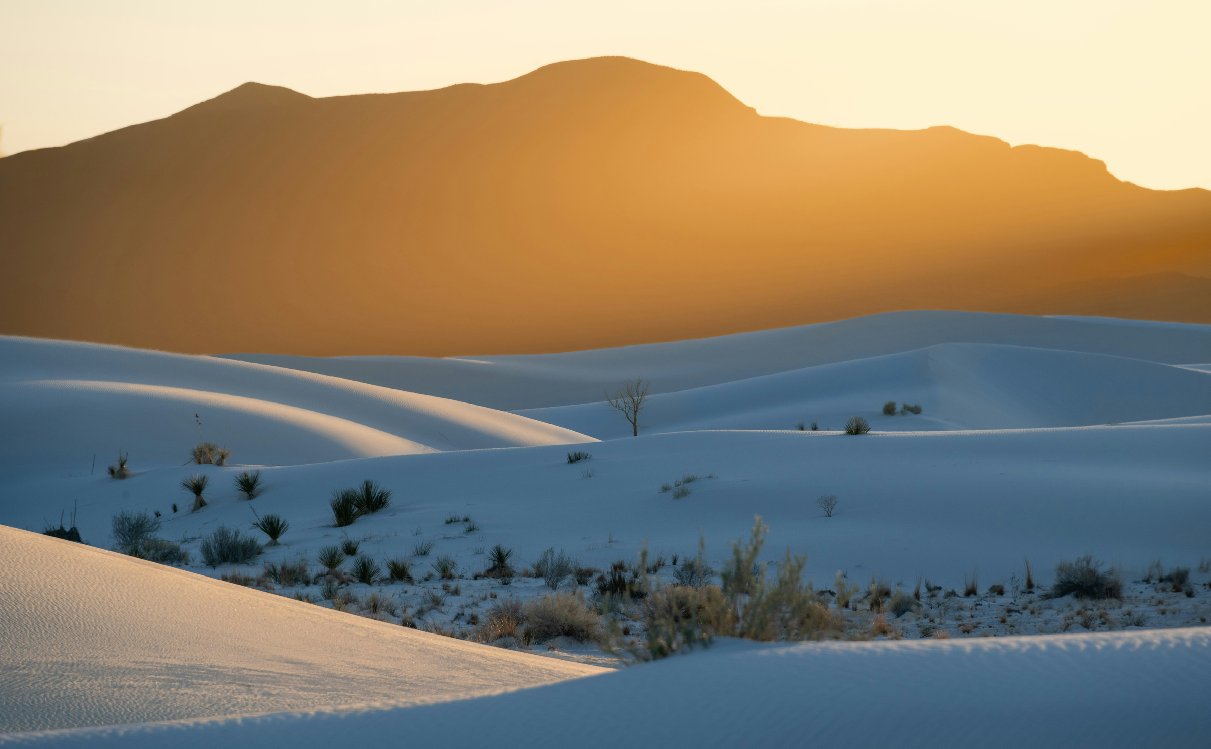 Warm light over distant mountains and cool shadows on White Sands dunes