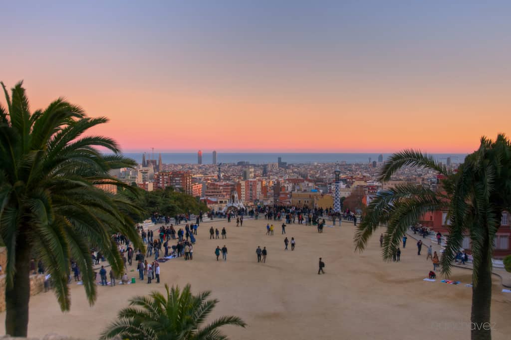 Barcelona skyline and Sagrada Familia at sunset from Parc Guell