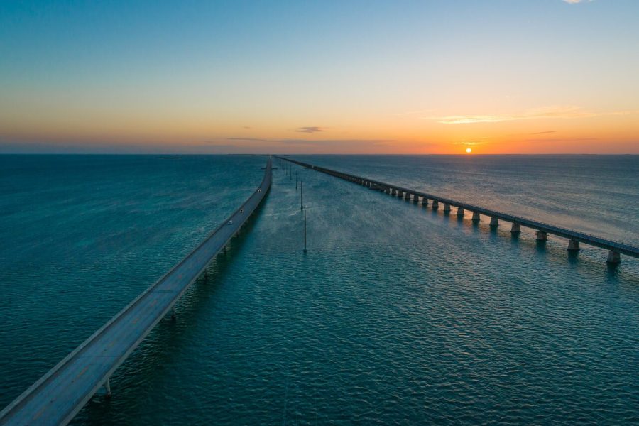 Photography blog portfolio example: aerial view of Seven Mile Bridge in the Florida Keys at sunset